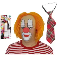Comedia Carnaval verkleed set Clown Bassie - pruik oranje - schmink wit - rode neus - tartan stropdas