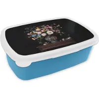 MuchoWow Broodtrommel Blauw - Lunchbox Bloemenvaas - Hout - Bloemen - Boeket - Brooddoos 18x12x6 cm - Brood lunch box - Broodtrommels voor kinderen en volwassenen