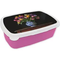 MuchoWow Broodtrommel Roze - Lunchbox Tulpen - Kleuren - Hout - Vaas - Brooddoos 18x12x6 cm - Brood lunch box - Broodtrommels voor kinderen en volwassenen