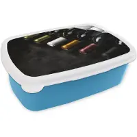 MuchoWow Broodtrommel Blauw - Lunchbox Wijn - Flessen - Variatie - Smaken - Brooddoos 18x12x6 cm - Brood lunch box - Broodtrommels voor kinderen en volwassenen
