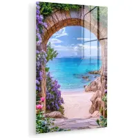 MuchoWow Glasschilderij 120x180 cm - Schilderij acrylglas - Doorkijk - Poort - Zee - Strand - Rotsen - Foto op glas - Muurdecoratie woonkamer - Wanddecoratie slaapkamer - Schilderijen