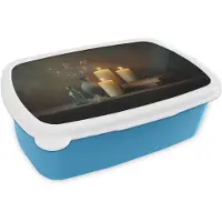MuchoWow Broodtrommel Blauw - Lunchbox Kaarsen - Stilleven - Rustiek - Boeken - Brooddoos 18x12x6 cm - Brood lunch box - Broodtrommels voor kinderen en volwassenen