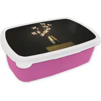 MuchoWow Broodtrommel Roze - Lunchbox Sierlijk - Boeket - Goud - Vaas - Brooddoos 18x12x6 cm - Brood lunch box - Broodtrommels voor kinderen en volwassenen