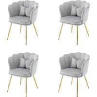 Merax Set van 4 Moderne Fluwelen Stoelen met Bladontwerp Rugleuning - Vergulde Metalen Poten en Kussens - Voor Woonkamer - Badkamer - Slaapkamer en Eetkamer - Grijs