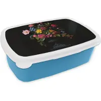 MuchoWow Broodtrommel Blauw - Lunchbox Bloemen - Vrolijk - Vaas - Brooddoos 18x12x6 cm - Brood lunch box - Broodtrommels voor kinderen en volwassenen