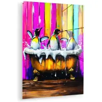 MuchoWow Glasschilderij 30x40 cm - Schilderij acrylglas - Pinguïns - Badkuip - Kleurrijk - Schuim - Foto op glas - Muurdecoratie woonkamer - Wanddecoratie slaapkamer - Schilderijen