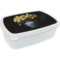 MuchoWow Broodtrommel Wit - Lunchbox Geel - Tulpen - Vaas - Bloemen - Brooddoos 18x12x6 cm - Brood lunch box - Broodtrommels voor kinderen en volwassenen