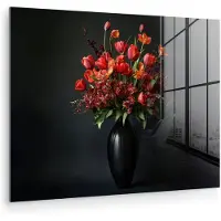 MuchoWow Glasschilderij 160x120 cm - Schilderij acrylglas - Boeket - Tulpen - Vaas - Rood - Foto op glas - Muurdecoratie woonkamer - Wanddecoratie slaapkamer - Schilderijen