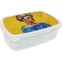 MuchoWow Broodtrommel Wit - Lunchbox Frida Kahlo - Vrouw - Geel - Blauw - Bloemen - Brooddoos 18x12x6 cm - Brood lunch box - Broodtrommels voor kinderen en volwassenen