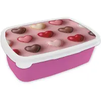 MuchoWow Broodtrommel Roze - Lunchbox Macarons - Hartjes - Kleurrijk - Roze - Brooddoos 18x12x6 cm - Brood lunch box - Broodtrommels voor kinderen en volwassenen