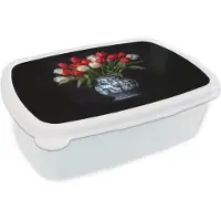 MuchoWow Broodtrommel Wit - Lunchbox Rode - Bloemen - Tulpen - Vaas - Brooddoos 18x12x6 cm - Brood lunch box - Broodtrommels voor kinderen en volwassenen