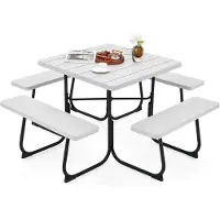 Costway Zitgarnituur voor 8 personen, picknicktafel met parasolgat en 4 banken, vierkante tuintafel, tuingarnituur, tuinmeubelen, zitgroep voor tuin, terras (Wit)