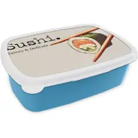 MuchoWow Broodtrommel Blauw - Lunchbox Sushi - Zalm - Rijst - Japans - Brooddoos 18x12x6 cm - Brood lunch box - Broodtrommels voor kinderen en volwassenen