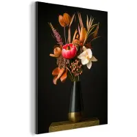 MuchoWow Aluminium schilderij 120x160 cm - Wanddecoratie metaal - Boeket - Oranje - Gouden - vaas - Metalen muurdecoratie woonkamer - Decoratie industrieel - Foto op dibond - Industriële accessoires slaapkamer