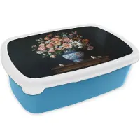 MuchoWow Broodtrommel Blauw - Lunchbox Hout - Vaas - Kleuren - Bloemen - Brooddoos 18x12x6 cm - Brood lunch box - Broodtrommels voor kinderen en volwassenen