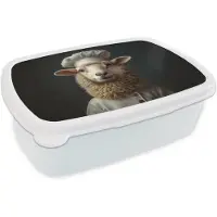 MuchoWow Broodtrommel Wit - Lunchbox Schaap - Wol - Kok - Brooddoos 18x12x6 cm - Brood lunch box - Broodtrommels voor kinderen en volwassenen