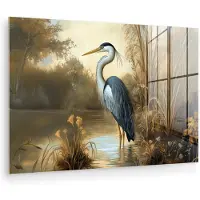 MuchoWow Glasschilderij 150x100 cm - Schilderij acrylglas - Reiger - Water - Planten - Foto op glas - Muurdecoratie woonkamer - Wanddecoratie slaapkamer - Schilderijen