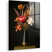 MuchoWow Glasschilderij 120x160 cm - Schilderij acrylglas - Boeket - Oranje - Gouden - vaas - Foto op glas - Muurdecoratie woonkamer - Wanddecoratie slaapkamer - Schilderijen