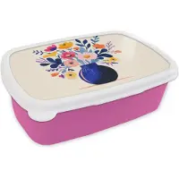MuchoWow Broodtrommel Roze - Lunchbox Vaas - Bloemen - Boeket - Brooddoos 18x12x6 cm - Brood lunch box - Broodtrommels voor kinderen en volwassenen