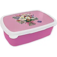 MuchoWow Broodtrommel Roze - Lunchbox Bloemen - Quote - Kaartje - Kleurrijk - Brooddoos 18x12x6 cm - Brood lunch box - Broodtrommels voor kinderen en volwassenen
