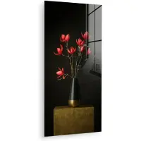 MuchoWow Glasschilderij 60x120 cm - Schilderij acrylglas - Rode - Bloemen - Vaas - Foto op glas - Muurdecoratie woonkamer - Wanddecoratie slaapkamer - Schilderijen
