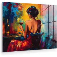 MuchoWow Glasschilderij 40x30 cm - Schilderij acrylglas - Wijn - Vrouw - Sfeervol - Kleurrijk - Foto op glas - Muurdecoratie woonkamer - Wanddecoratie slaapkamer - Schilderijen
