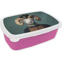 MuchoWow Broodtrommel Roze - Lunchbox Geit - Hoorns - Kokskleding - Brooddoos 18x12x6 cm - Brood lunch box - Broodtrommels voor kinderen en volwassenen