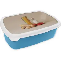 MuchoWow Broodtrommel Blauw - Lunchbox Spaghetti - Melk - Tomaten - Eieren - Brood - Brooddoos 18x12x6 cm - Brood lunch box - Broodtrommels voor kinderen en volwassenen