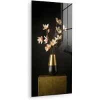 MuchoWow Glasschilderij 20x40 cm - Schilderij acrylglas - Sierlijk - Boeket - Goud - Vaas - Foto op glas - Muurdecoratie woonkamer - Wanddecoratie slaapkamer - Schilderijen