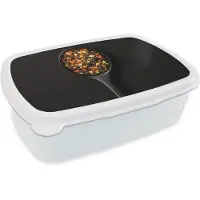MuchoWow Broodtrommel Wit - Lunchbox Kruiden - Zwart - Lepel - Brooddoos 18x12x6 cm - Brood lunch box - Broodtrommels voor kinderen en volwassenen