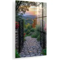 MuchoWow Glasschilderij 80x120 cm - Schilderij acrylglas - Landschap - Hek - Pad - Zonsondergang - Natuur - Foto op glas - Muurdecoratie woonkamer - Wanddecoratie slaapkamer - Schilderijen