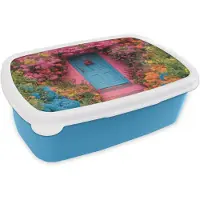 MuchoWow Broodtrommel Blauw - Lunchbox Bloemen - Deur - Roze - Brooddoos 18x12x6 cm - Brood lunch box - Broodtrommels voor kinderen en volwassenen