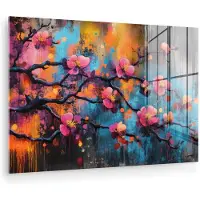 MuchoWow Glasschilderij 180x120 cm - Schilderij acrylglas - Bloemen - Tak - Abstract - Roze - Foto op glas - Muurdecoratie woonkamer - Wanddecoratie slaapkamer - Schilderijen