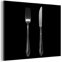 MuchoWow Aluminium schilderij 120x90 cm - Wanddecoratie metaal - Vork - Mes - Zilver - Metalen muurdecoratie woonkamer - Decoratie industrieel - Foto op dibond - Industriële accessoires slaapkamer