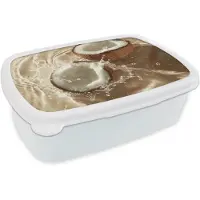 MuchoWow Broodtrommel Wit - Lunchbox Kokosnoot - Water - Beige - Spetters - Brooddoos 18x12x6 cm - Brood lunch box - Broodtrommels voor kinderen en volwassenen