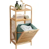 Costway Badkamermeubel met schommelwasmand en 2 opbergplanken, afneembare Oxford-voering, voor woonkamer, keuken van bamboe en canvas (40,5 x 33 x 95,5 cm)