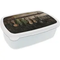 MuchoWow Broodtrommel Wit - Lunchbox Keukengerei - Rustiek - Tegels - Kruiden - Brooddoos 18x12x6 cm - Brood lunch box - Broodtrommels voor kinderen en volwassenen