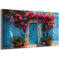 MuchoWow Aluminium schilderij 160x80 cm - Wanddecoratie metaal - Deur - Hout - Bloemen - Blauw - Metalen muurdecoratie woonkamer - Decoratie industrieel - Foto op dibond - Industriële accessoires slaapkamer