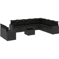 The Living Store Tuinlounge - Loungeset - 11-delige Loungeset met kussens poly rattan zwart - Lounge Set - Poly Rattan - Zwarte Loungebank