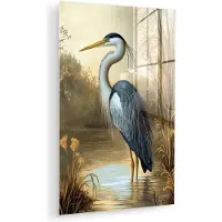 MuchoWow Glasschilderij 120x180 cm - Schilderij acrylglas - Reiger - Water - Planten - Foto op glas - Muurdecoratie woonkamer - Wanddecoratie slaapkamer - Schilderijen