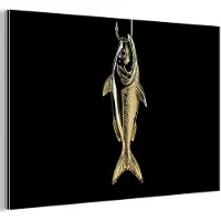 MuchoWow Aluminium schilderij 90x60 cm - Wanddecoratie metaal - Goud - Vis - Haak - Zwart - Metalen muurdecoratie woonkamer - Decoratie industrieel - Foto op dibond - Industriële accessoires slaapkamer