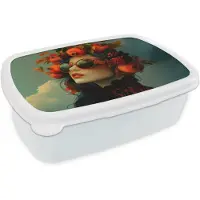 MuchoWow Broodtrommel Wit - Lunchbox Vrouw - Granaatappel - Herfst - Zonnebril - Brooddoos 18x12x6 cm - Brood lunch box - Broodtrommels voor kinderen en volwassenen