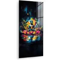 MuchoWow Glasschilderij 40x80 cm - Schilderij acrylglas - Kaarsen - Bloemen - Buddha - Water - Foto op glas - Muurdecoratie woonkamer - Wanddecoratie slaapkamer - Schilderijen
