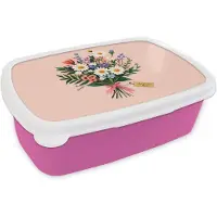 MuchoWow Broodtrommel Roze - Lunchbox Margrieten - Boeket - Strikje - Roze - Brooddoos 18x12x6 cm - Brood lunch box - Broodtrommels voor kinderen en volwassenen