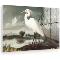 MuchoWow Glasschilderij 180x120 cm - Schilderij acrylglas - Reiger - Planten - Wolken - Wit - Foto op glas - Muurdecoratie woonkamer - Wanddecoratie slaapkamer - Schilderijen