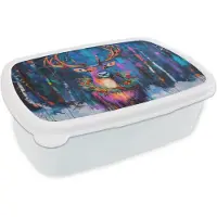 MuchoWow Broodtrommel Wit - Lunchbox Rendier - Krans - Sprookjesachtig - Blauw - Brooddoos 18x12x6 cm - Brood lunch box - Broodtrommels voor kinderen en volwassenen
