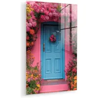 MuchoWow Glasschilderij 20x30 cm - Schilderij acrylglas - Bloemen - Deur - Roze - Foto op glas - Muurdecoratie woonkamer - Wanddecoratie slaapkamer - Schilderijen