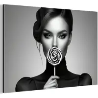 MuchoWow Aluminium schilderij 30x20 cm - Wanddecoratie metaal - Vrouw - Lolly - Zwart - Metalen muurdecoratie woonkamer - Decoratie industrieel - Foto op dibond - Industriële accessoires slaapkamer
