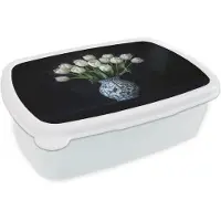 MuchoWow Broodtrommel Wit - Lunchbox Wit - Bloemen - Tulpen - Vaas - Brooddoos 18x12x6 cm - Brood lunch box - Broodtrommels voor kinderen en volwassenen