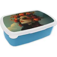 MuchoWow Broodtrommel Blauw - Lunchbox Vrouw - Granaatappel - Herfst - Zonnebril - Brooddoos 18x12x6 cm - Brood lunch box - Broodtrommels voor kinderen en volwassenen